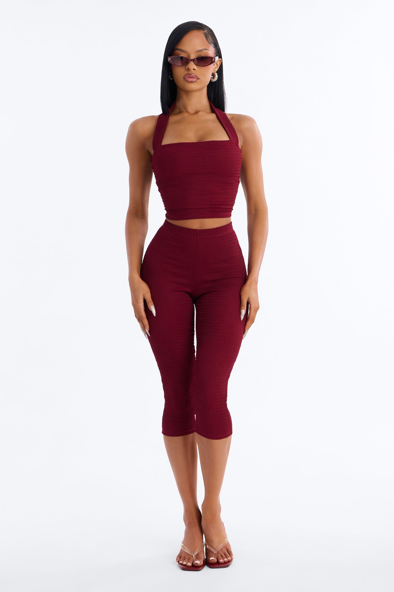 Delilah Textured Halter Capri Pant Set - Burgundy