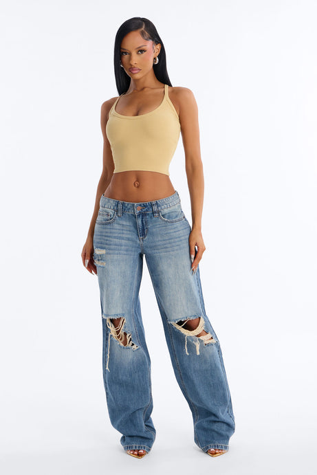 Malibu Low Rise Ripped Wide Leg Jeans - Medium Wash