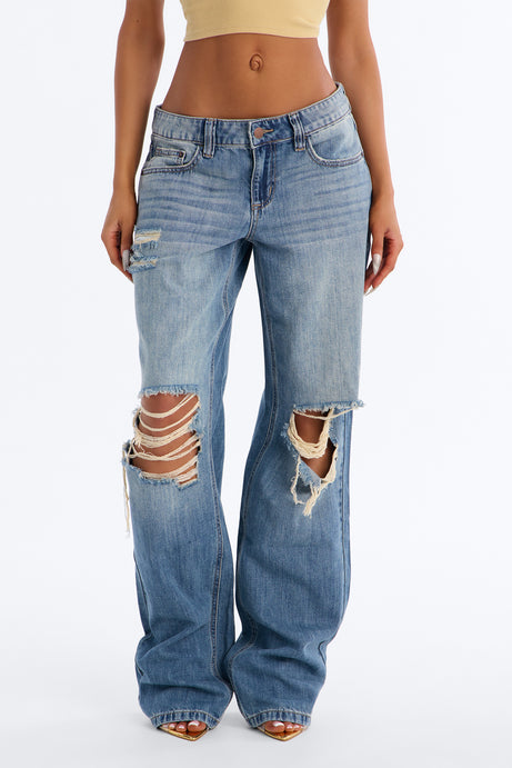 Malibu Low Rise Ripped Wide Leg Jeans - Medium Wash