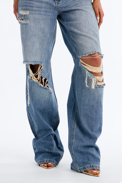 Malibu Low Rise Ripped Wide Leg Jeans - Medium Wash