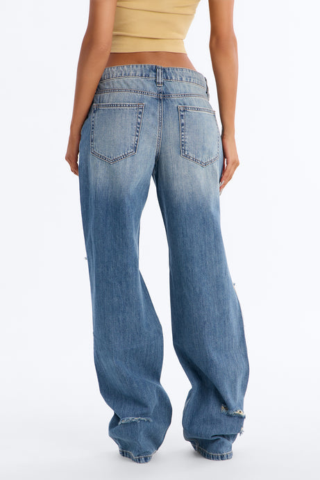 Malibu Low Rise Ripped Wide Leg Jeans - Medium Wash