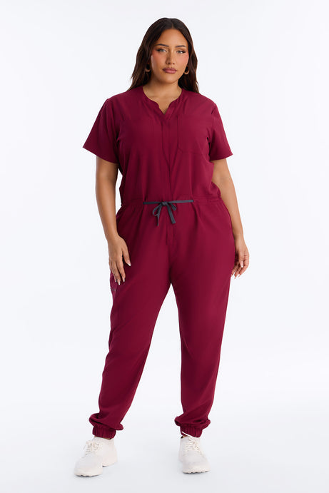 Prime Care Belted Uniform Scrub Jumpsuit - Wine