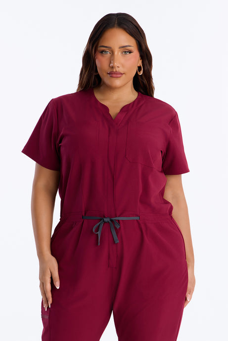 Prime Care Belted Uniform Scrub Jumpsuit - Wine