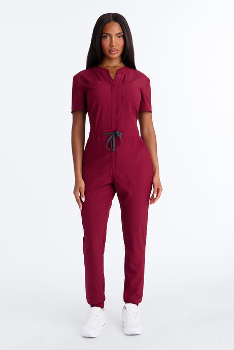 Prime Care Belted Uniform Scrub Jumpsuit - Wine