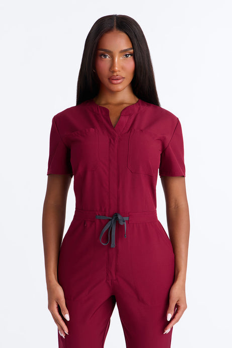 Prime Care Belted Uniform Scrub Jumpsuit - Wine