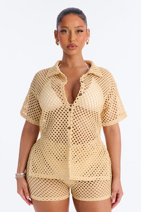 Paradise Sun Button Up Cover Up Shorts Set - Beige