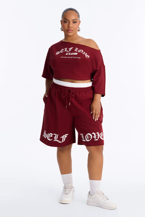 Self Love Club Off Shoulder French Terry Short Set - Burgundy