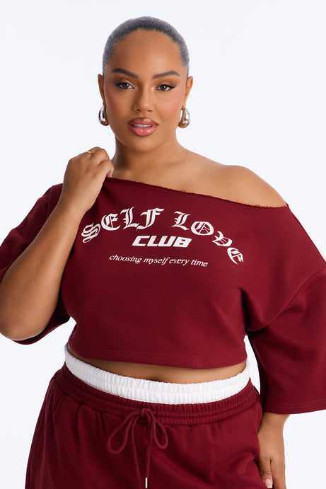 Self Love Club Off Shoulder French Terry Short Set - Burgundy