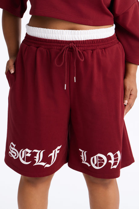 Self Love Club Off Shoulder French Terry Short Set - Burgundy