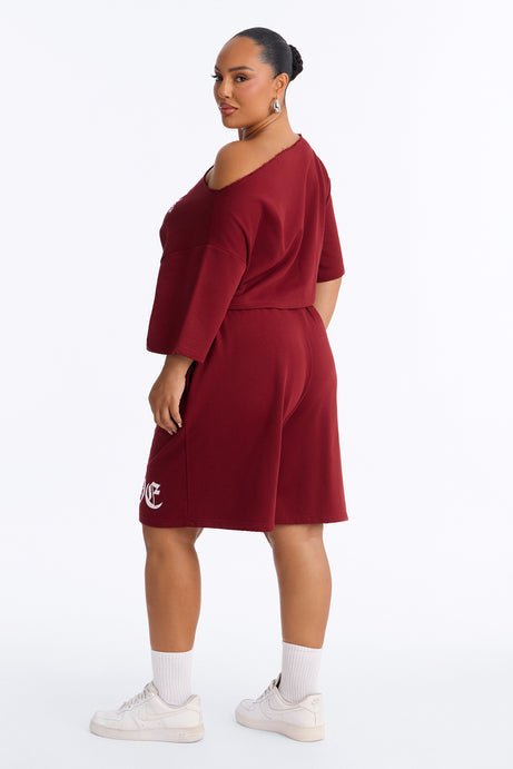 Self Love Club Off Shoulder French Terry Short Set - Burgundy