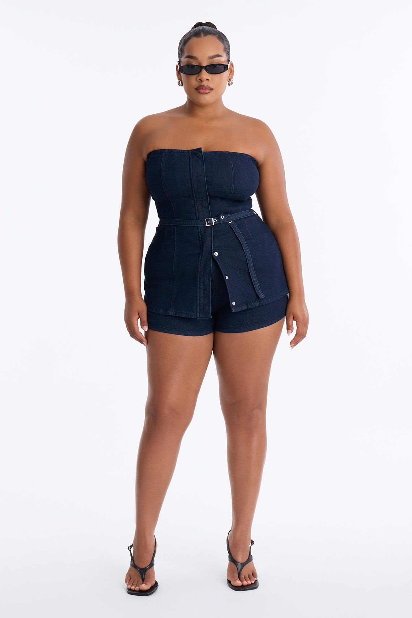 Loren Belted Denim Short Set - Dark Wash