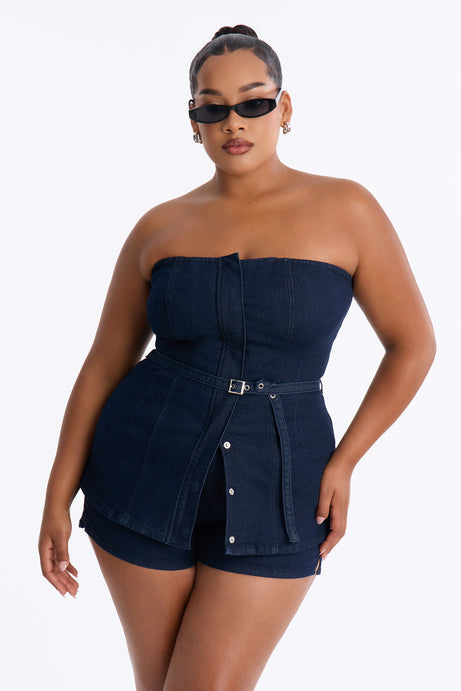 Loren Belted Denim Short Set - Dark Wash