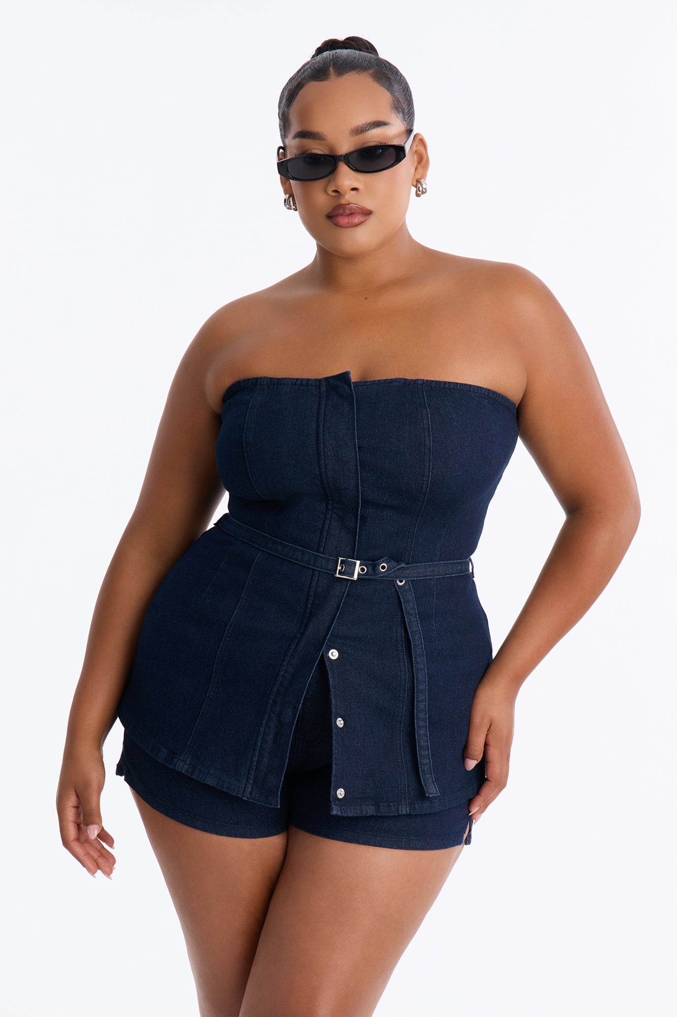 Loren Belted Denim Short Set - Dark Wash