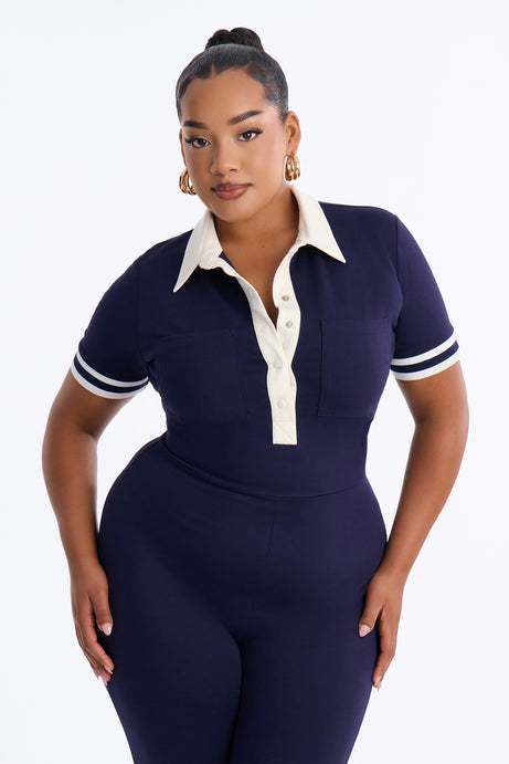 Dianna Ponte Polo Capri Jumpsuit - Navy