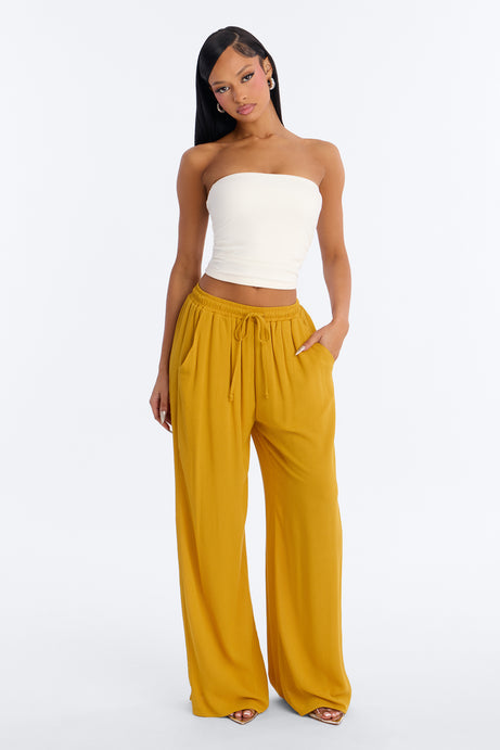 In Cannes For The Summer Wide Leg Gauze Pant - Mustard