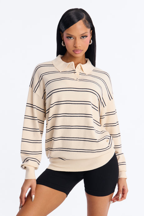 Diana Striped Long Sleeve Polo Sweater - Cream/combo