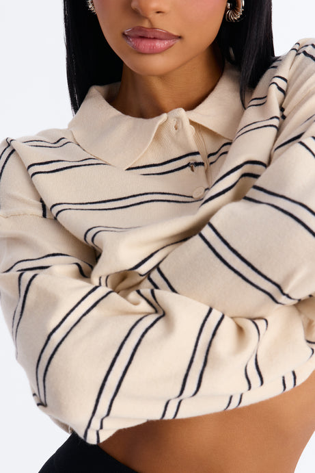Diana Striped Long Sleeve Polo Sweater - Cream/combo