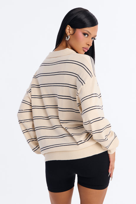 Diana Striped Long Sleeve Polo Sweater - Cream/combo