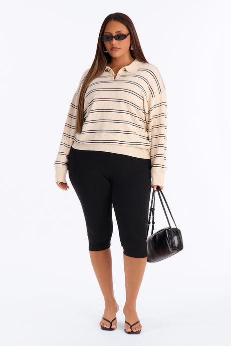 Diana Striped Long Sleeve Polo Sweater - Cream/combo