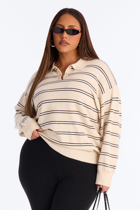 Diana Striped Long Sleeve Polo Sweater - Cream/combo