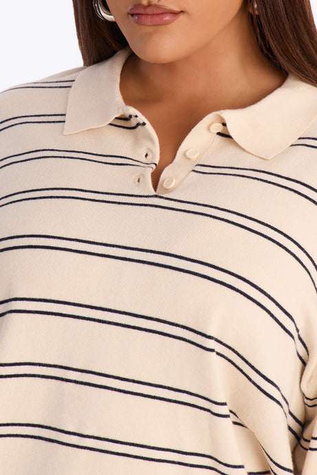 Diana Striped Long Sleeve Polo Sweater - Cream/combo