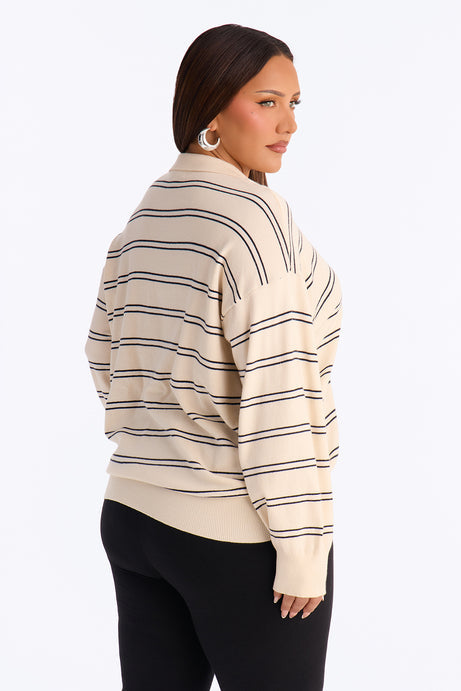 Diana Striped Long Sleeve Polo Sweater - Cream/combo