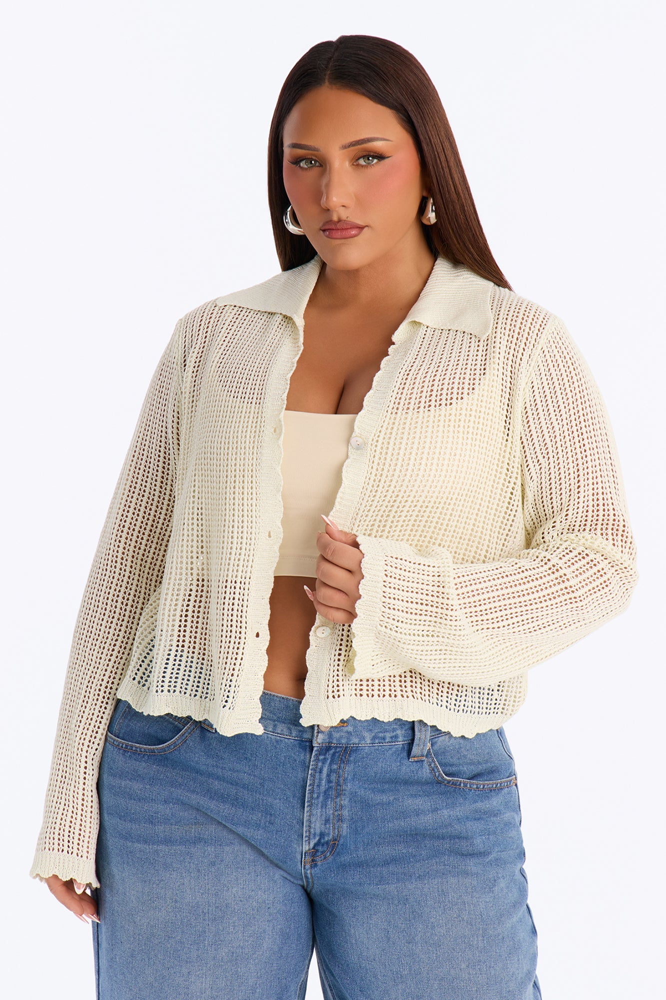 Bailey Crochet Long Sleeve Cropped Cardigan - Natural