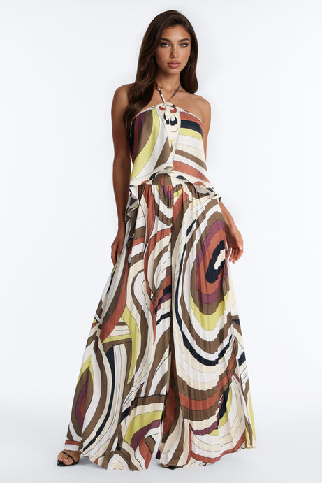 Resort Chic Pleated Wide Leg Jumpsuit - Brown