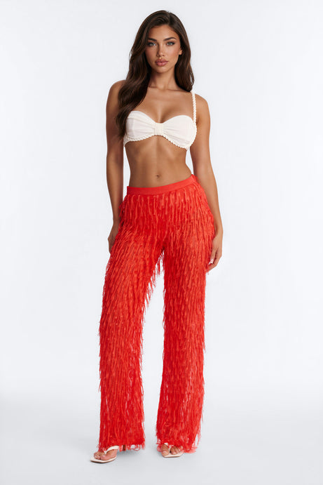 Spicin It Up Fringe Trim Wide Leg Pant - Tomato Red