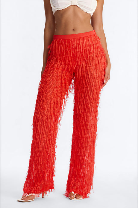 Spicin It Up Fringe Trim Wide Leg Pant - Tomato Red