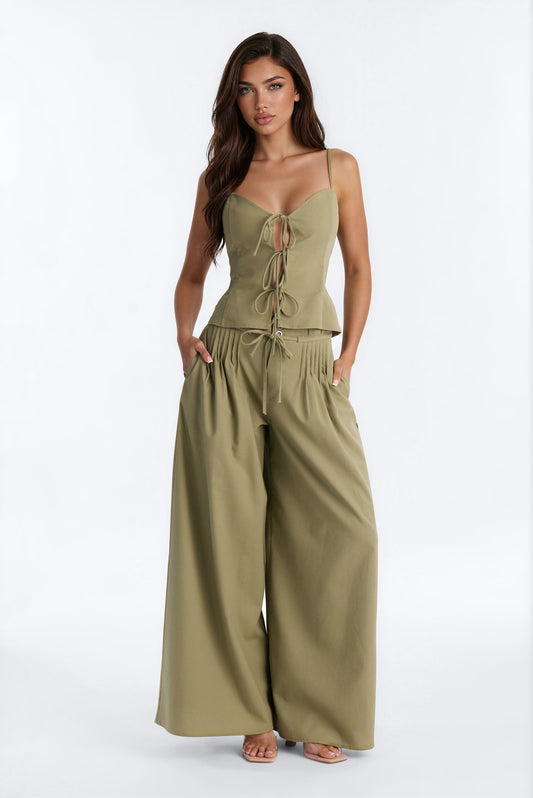 Nikki Tie Front Pleated Pant Set - Olive