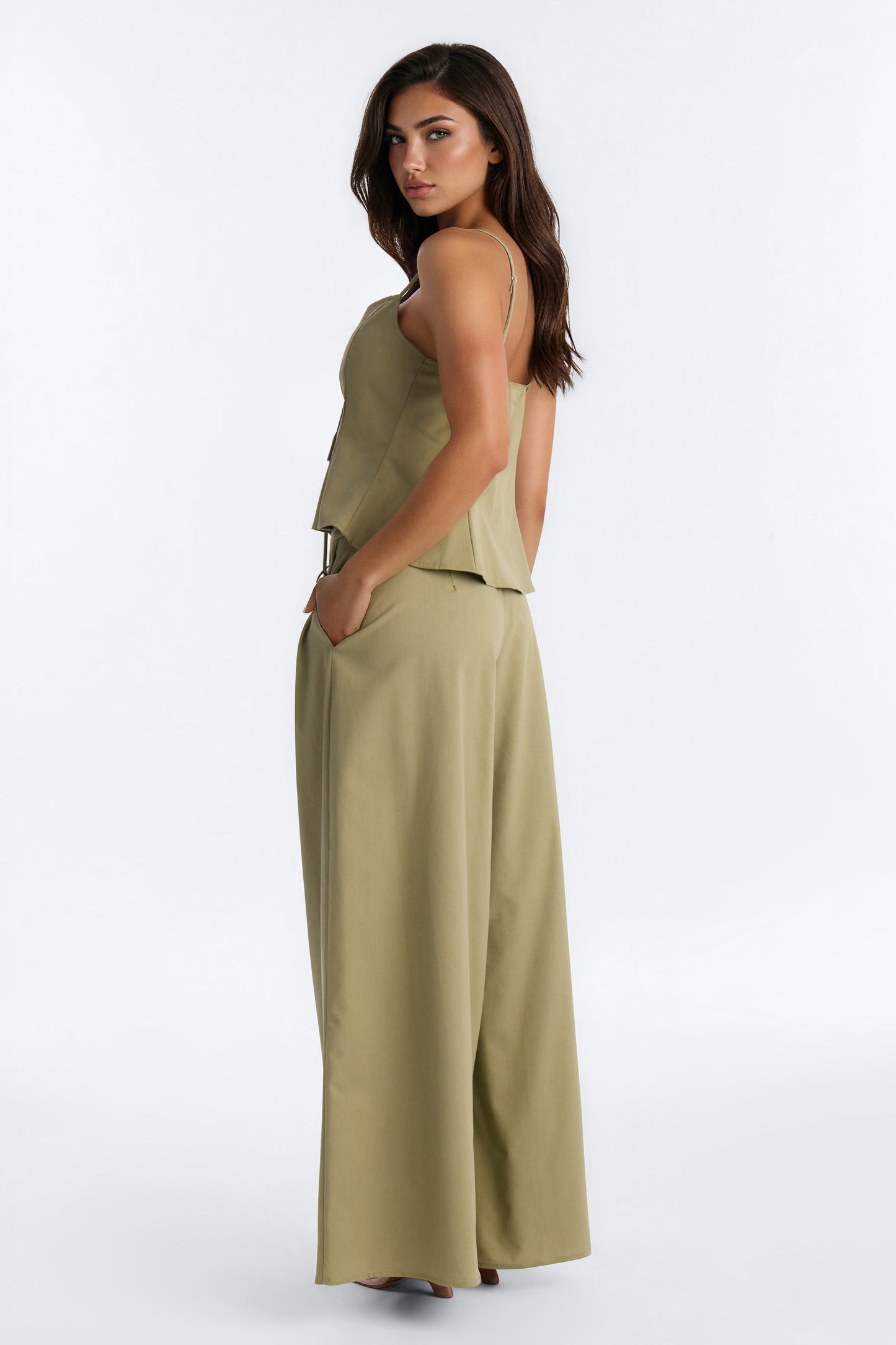 Nikki Tie Front Pleated Pant Set - Olive