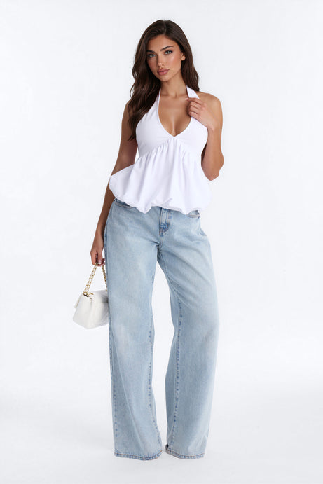 Girl Brunch Bubble Hem Halter Top - White