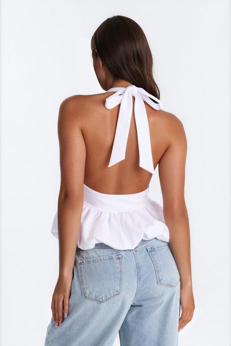 Girl Brunch Bubble Hem Halter Top - White