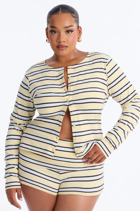 Mina Striped Button Up Knit Top - Yellow/combo