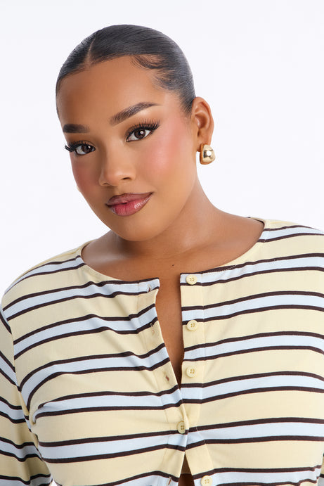 Mina Striped Button Up Knit Top - Yellow/combo