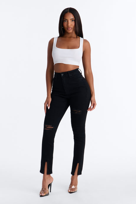 Maybe One Day Ripped Split Hem Skinny Jeans - Black