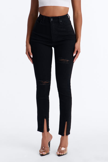Maybe One Day Ripped Split Hem Skinny Jeans - Black