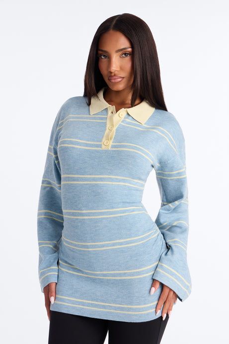 Snuggle Season Striped Polo Sweater - Light Blue