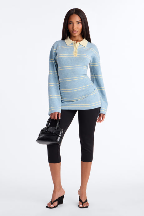 Snuggle Season Striped Polo Sweater - Light Blue