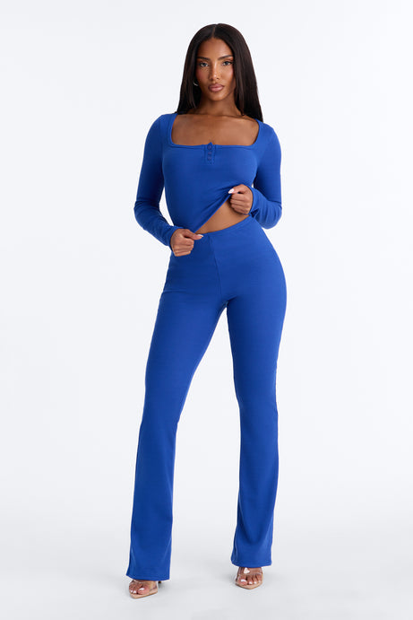 Marissa Long Sleeve Waffle Pant Set - Blue