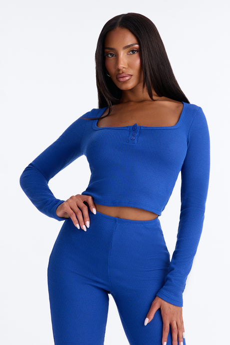 Marissa Long Sleeve Waffle Pant Set - Blue