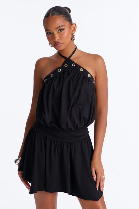 Maribel Y-Neck Sleeveless Mini Dress - Black