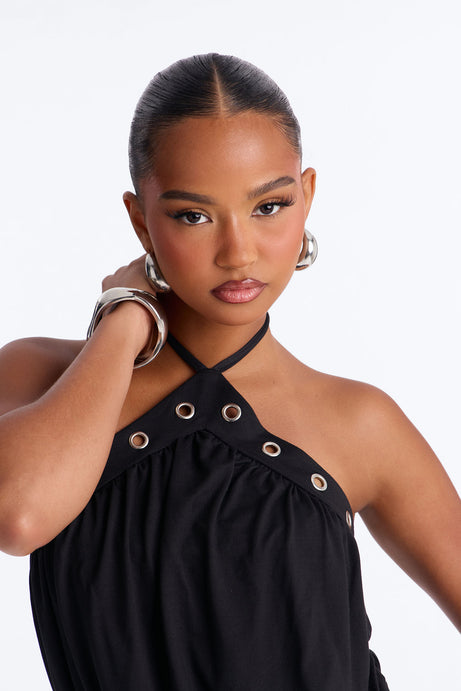 Maribel Y-Neck Sleeveless Mini Dress - Black