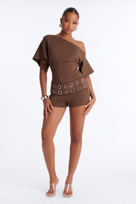 It Girl Coded One Shoulder Belted Romper