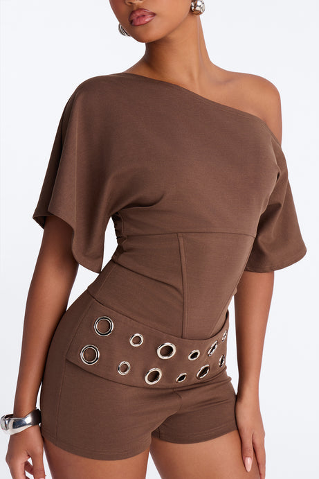 It Girl Coded One Shoulder Belted Romper