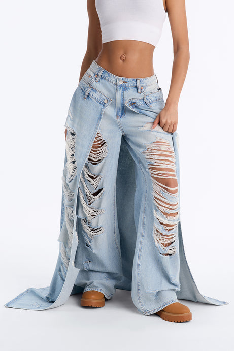 Double Entendre Overlay Ripped Jeans - Light Wash