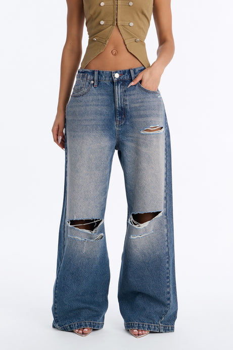 Kensington Baggy Ripped Jeans - Dark Wash