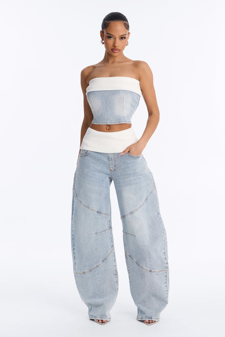 Alexa Foldover Denim Pant Set - Light Wash