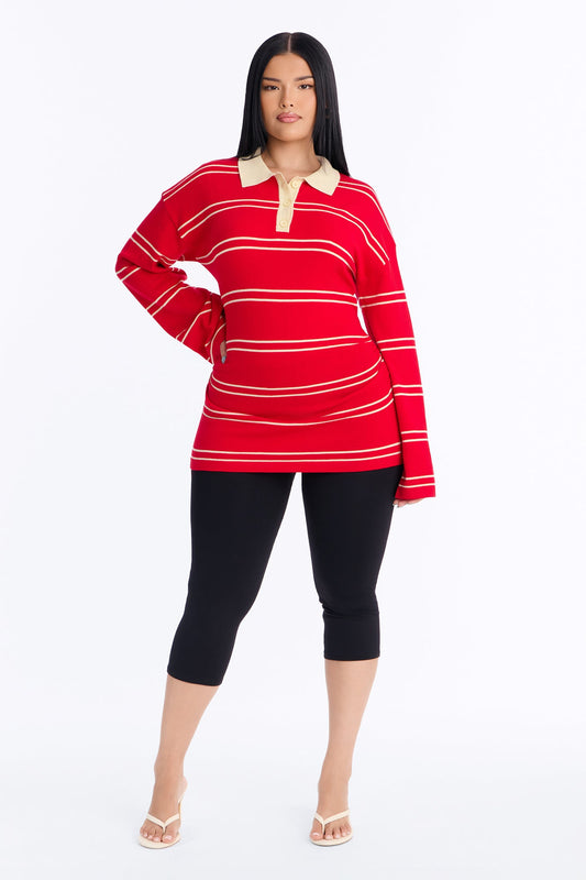 Snuggle Season Striped Polo Sweater - Red/combo